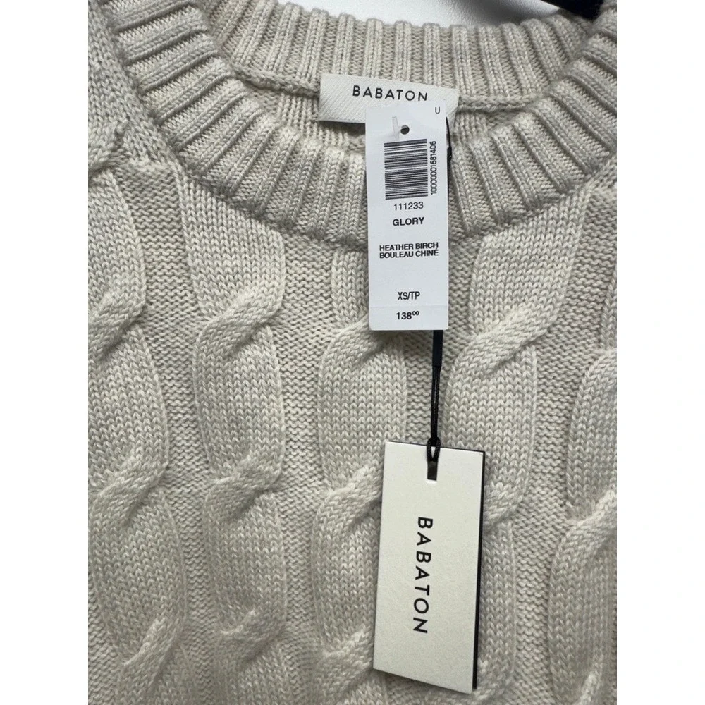Babaton Sweater Women XS Heather Birch Glory Cable Knit Merino Wool‎ Cropped